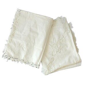 Pair of White Cutwork Embroidered Pillow Shams with Lace Trim 27" x 21" Envelope